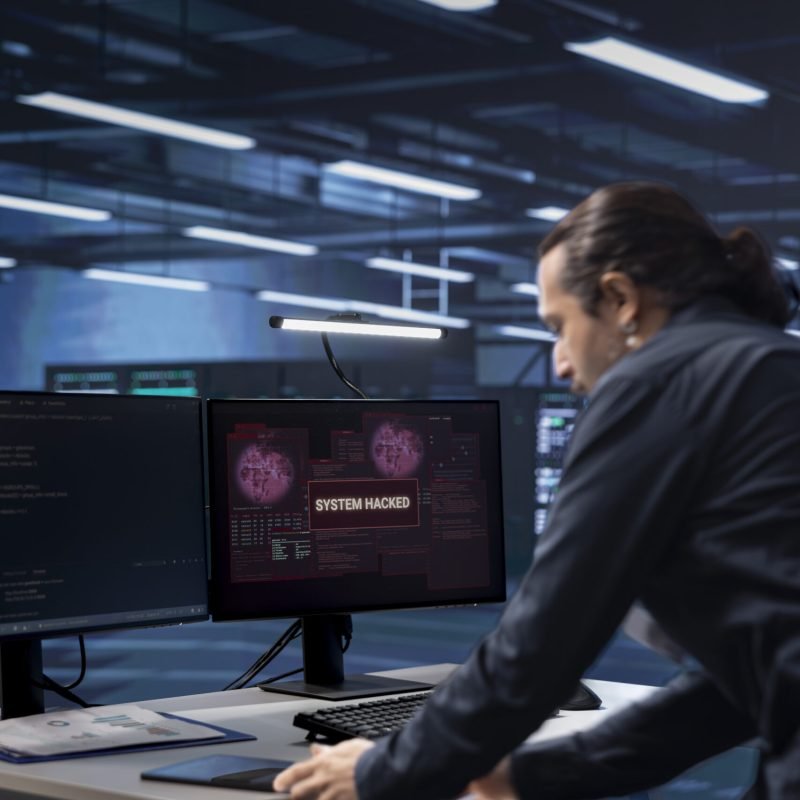 System administrator in server room frightened by sensitive data threatened by hacking attack on computers. Afraid man jumping out of desk chair, rushing to save data center from unauthorized access